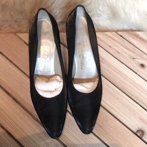 Salvatore Ferragamo Black Silk Satin Pumps. Size 6.5
